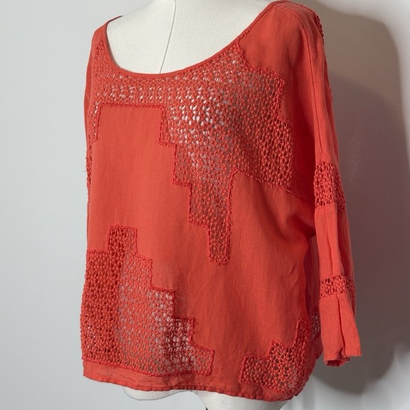 Free People Orange Crochet Linen Cotton Blend Boho Boxy Top Womens Small - Picture 3 of 6